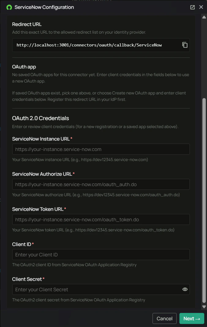 ServiceNow Configuration — OAuth 2.0 credential fields