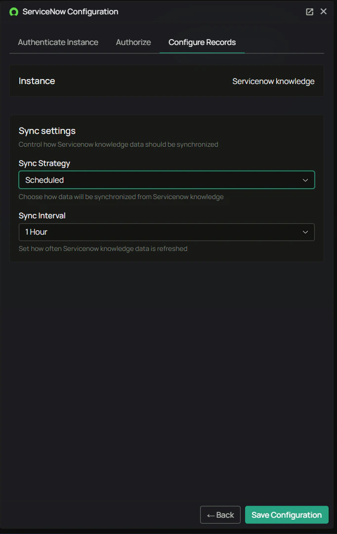 ServiceNow Configuration — Configure Records, sync settings