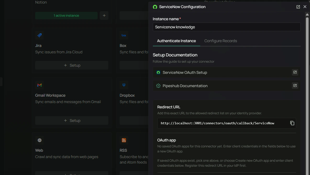 ServiceNow Configuration — Redirect URL to register in ServiceNow
