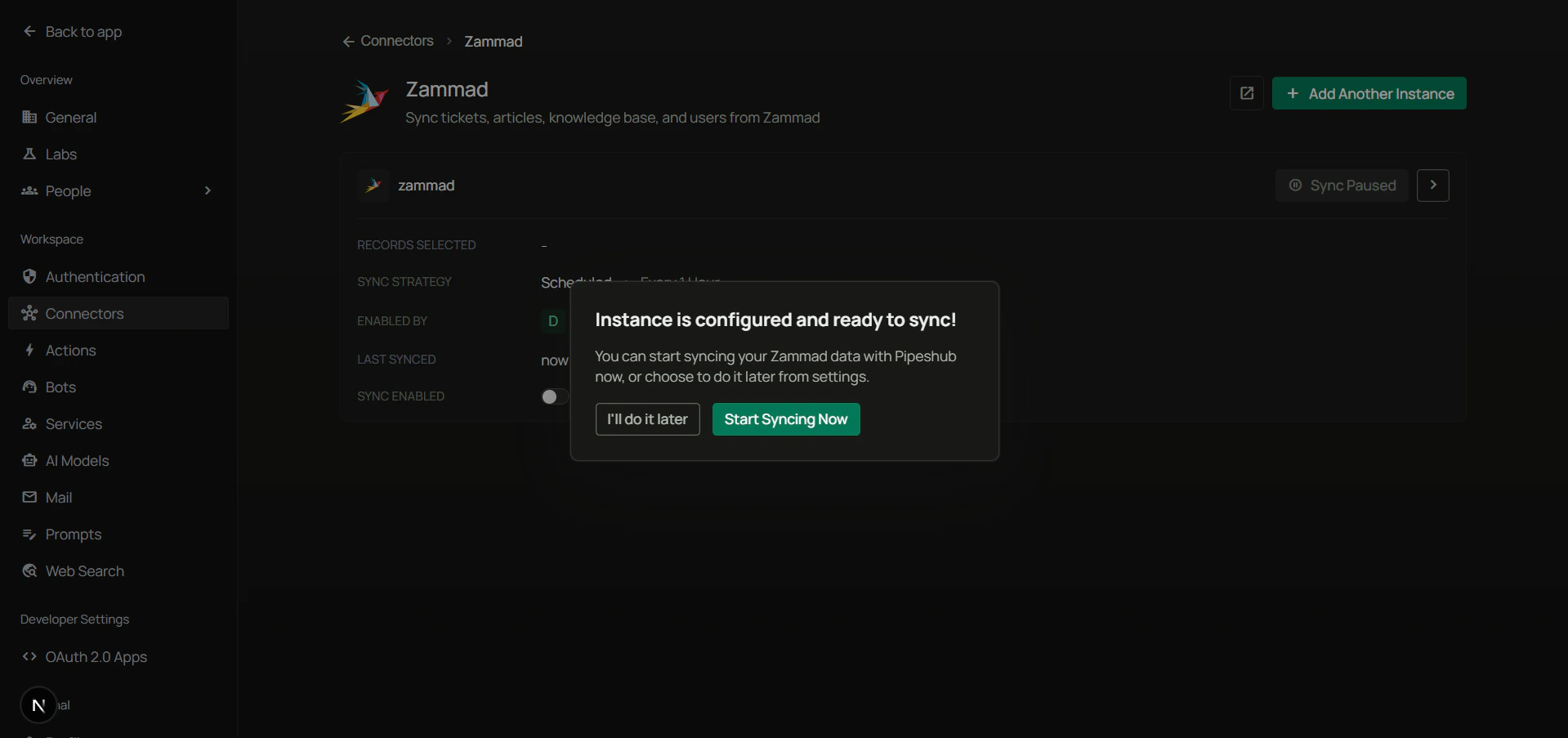 Instance is configured and ready to sync — I'll do it later or Start syncing now