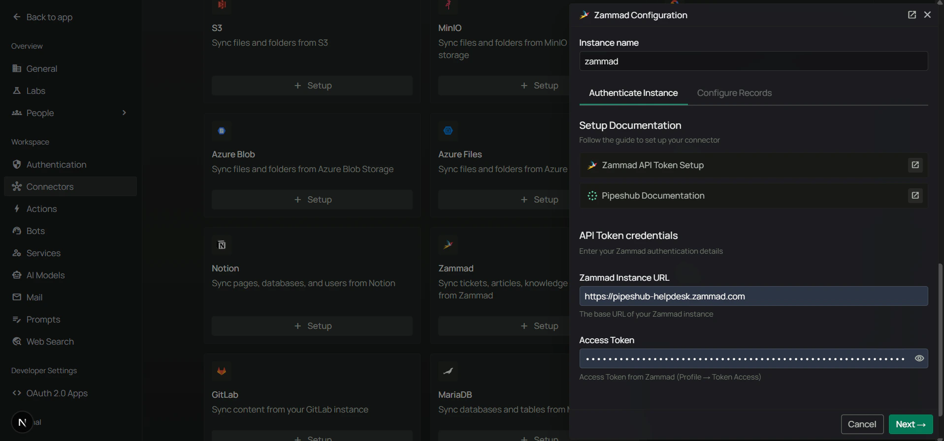 Authenticate Instance tab — enter Zammad URL and API Token