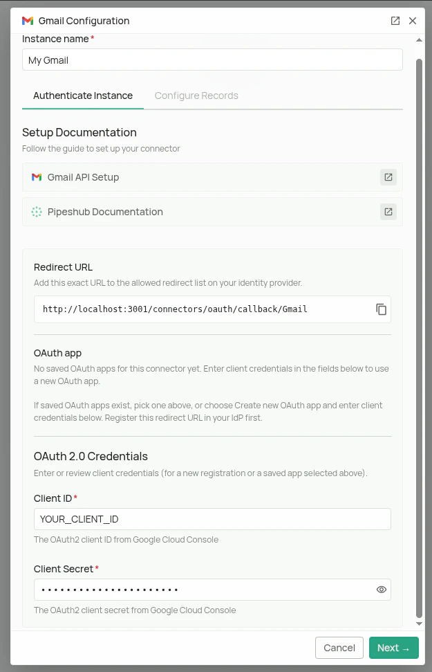 Gmail auth configuration