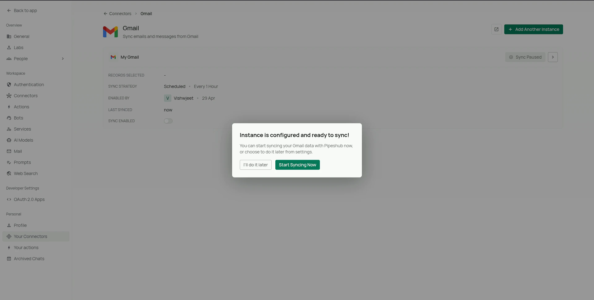 Gmail connector sync status