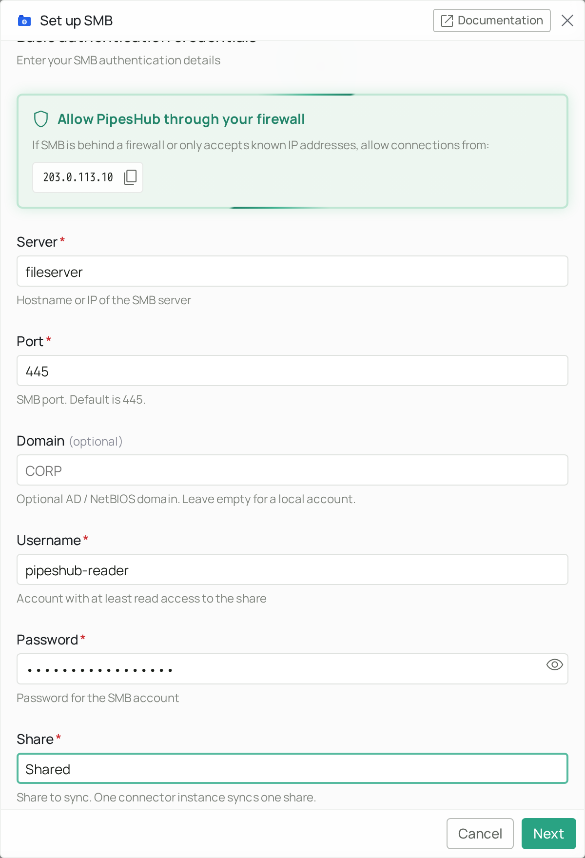 Server, Port, Domain, Username, Password and Share fields filled in