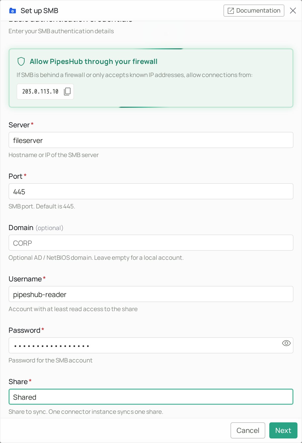 Server, Port, Domain, Username, Password and Share fields filled in
