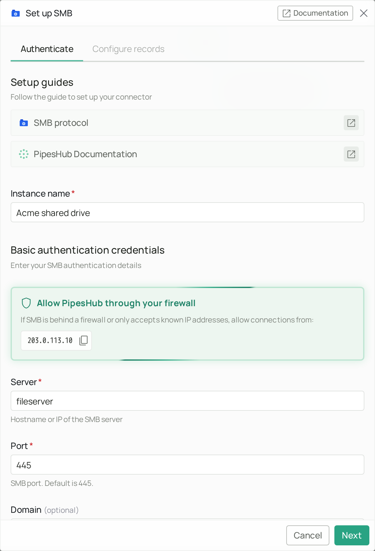 Authenticate tab with the instance name and the firewall box