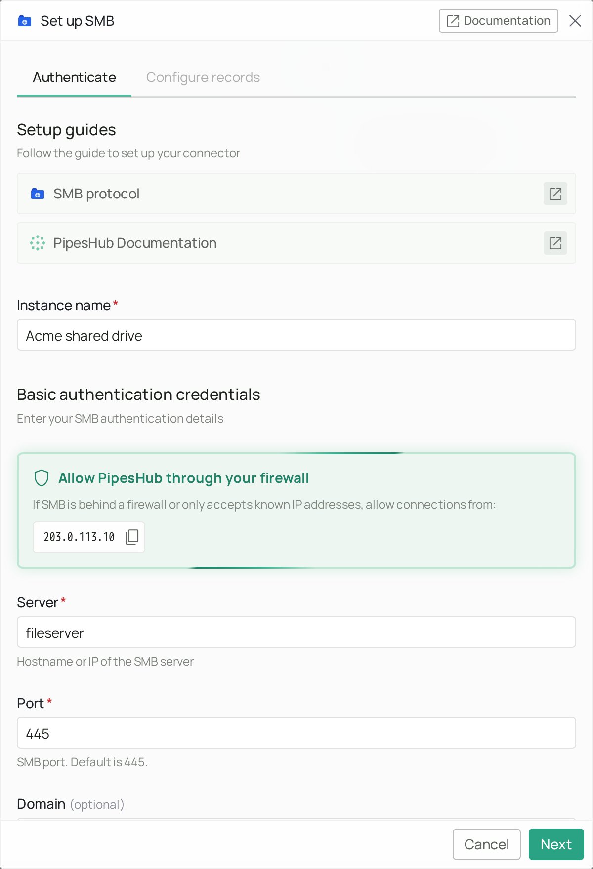 Authenticate tab with the instance name and the firewall box