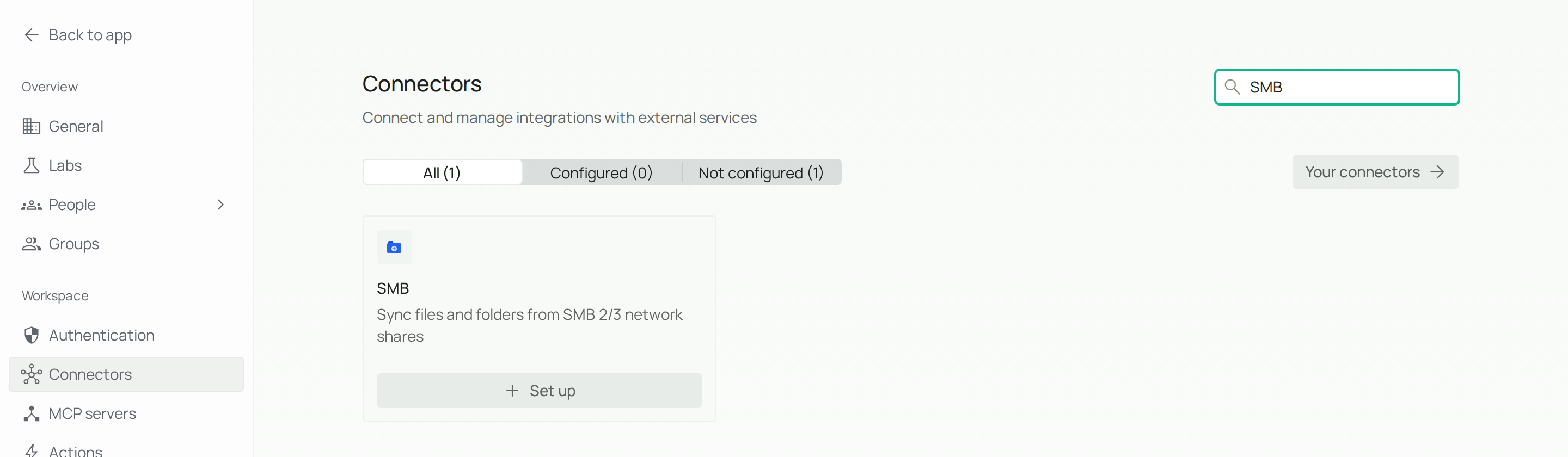 Connectors page filtered to the SMB card with its Set up button