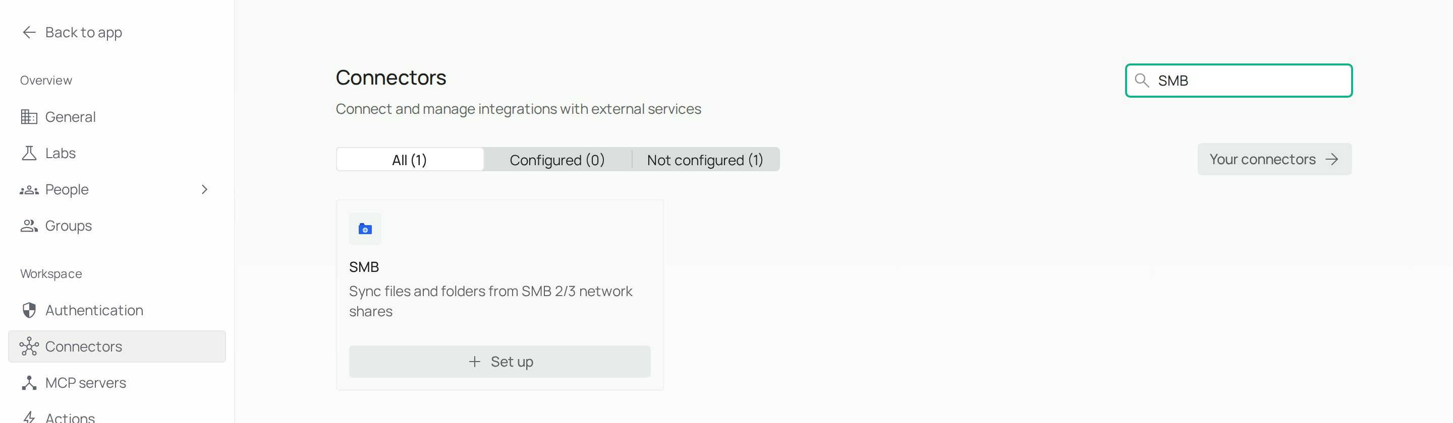 Connectors page filtered to the SMB card with its Set up button