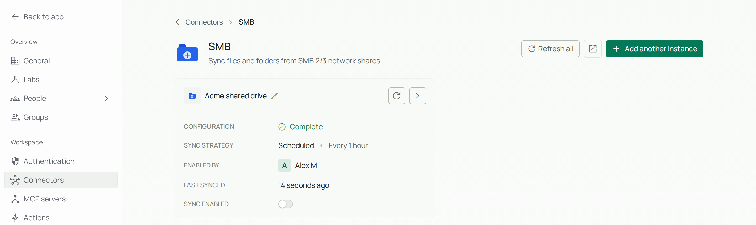SMB instance card with the Sync enabled switch off
