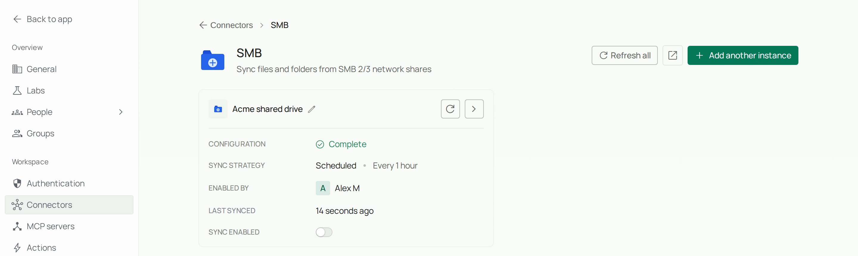 SMB instance card with the Sync enabled switch off