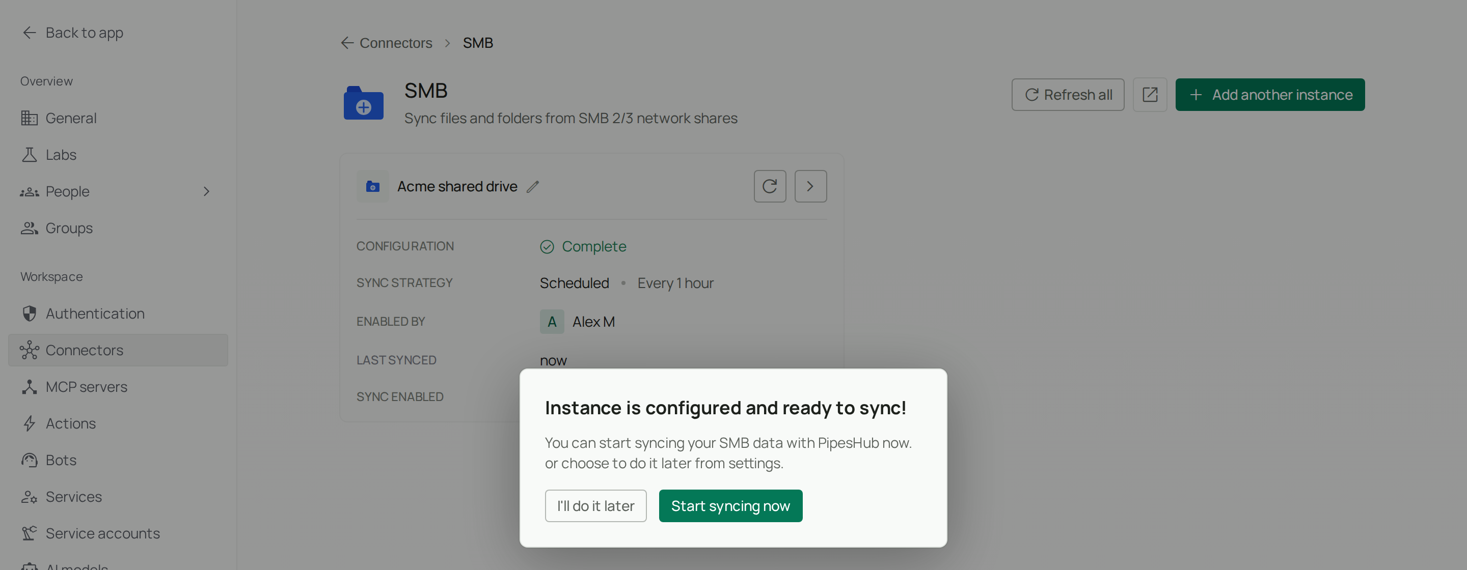 Instance is configured and ready to sync dialog
