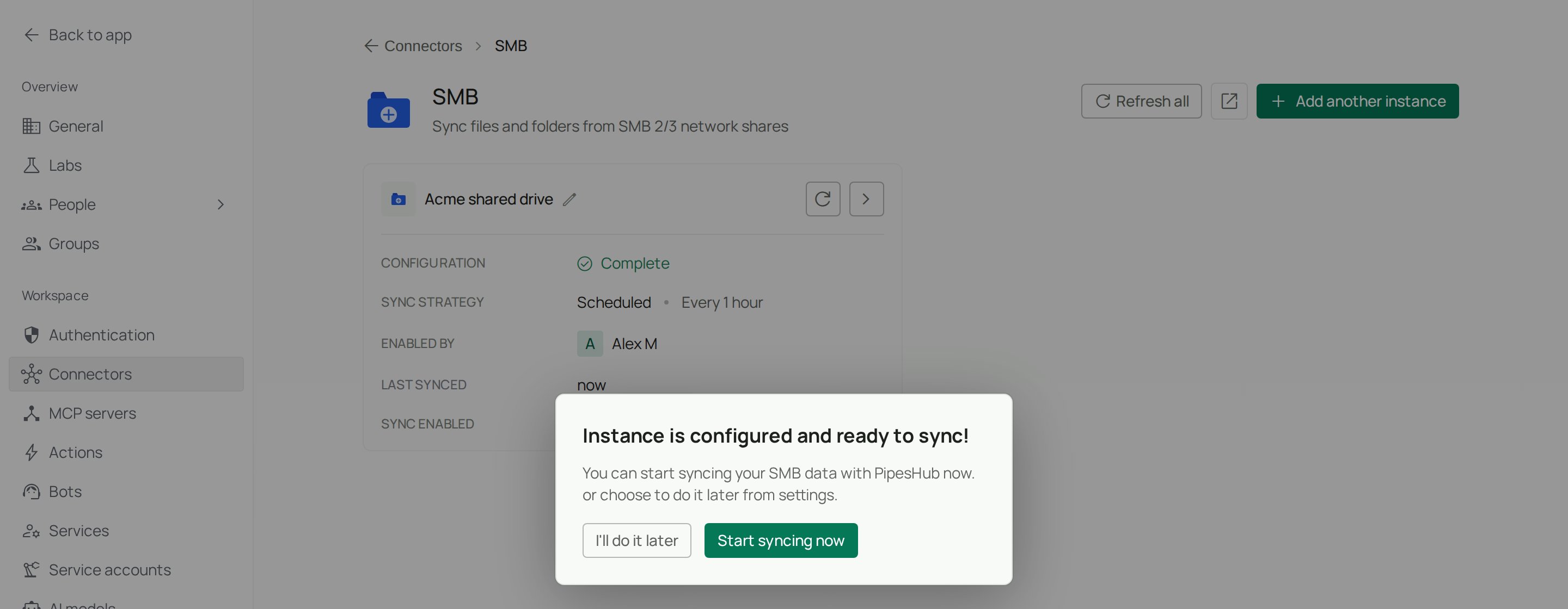 Instance is configured and ready to sync dialog