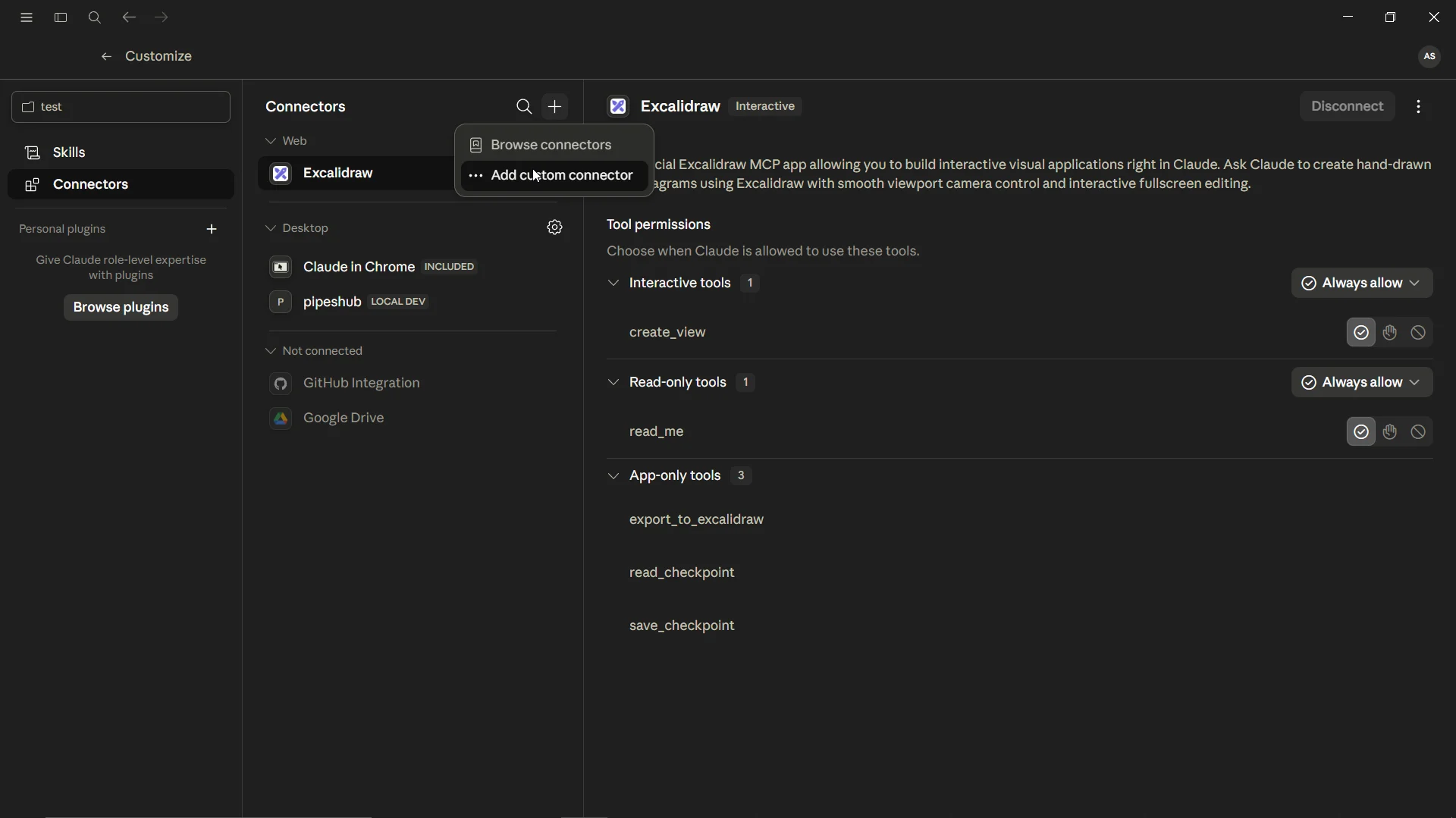 Claude Desktop Connectors settings