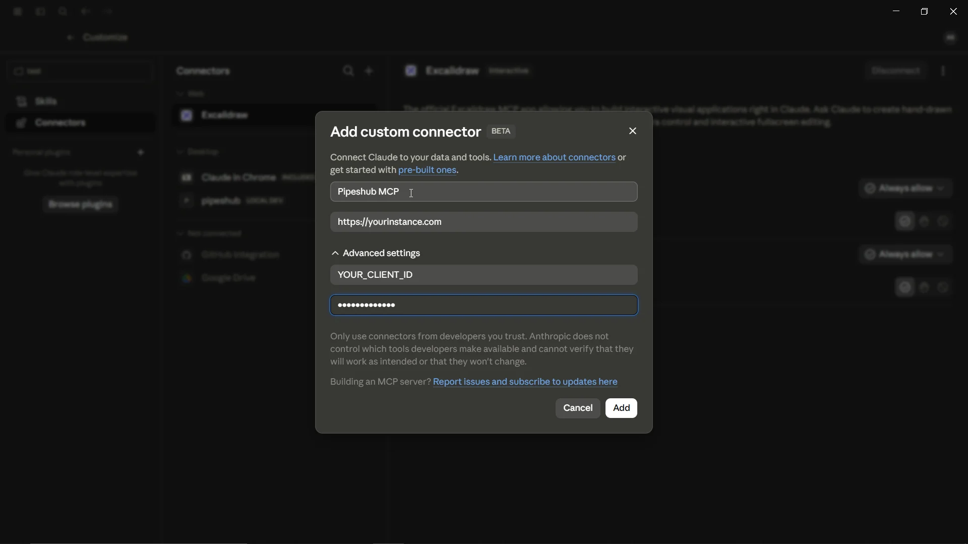 Claude Desktop add custom connector dialog