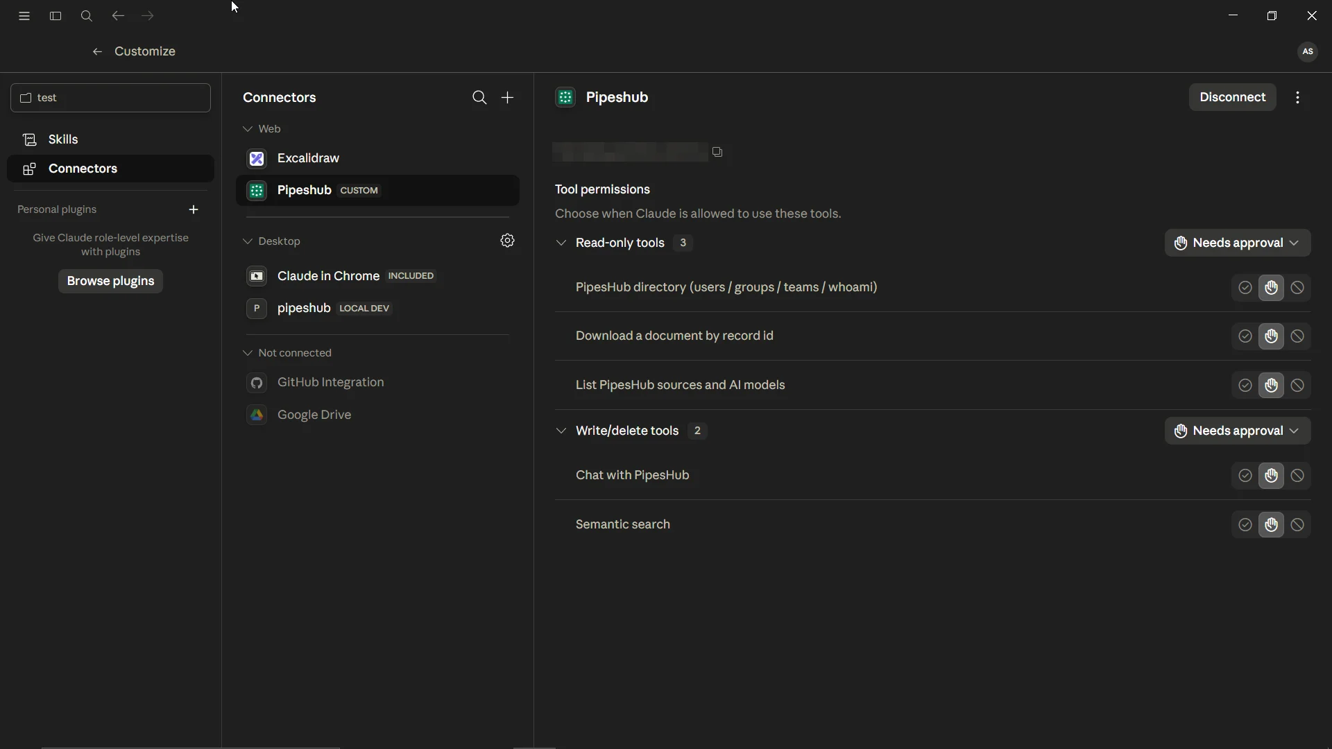 PipesHub connector active in Claude Desktop