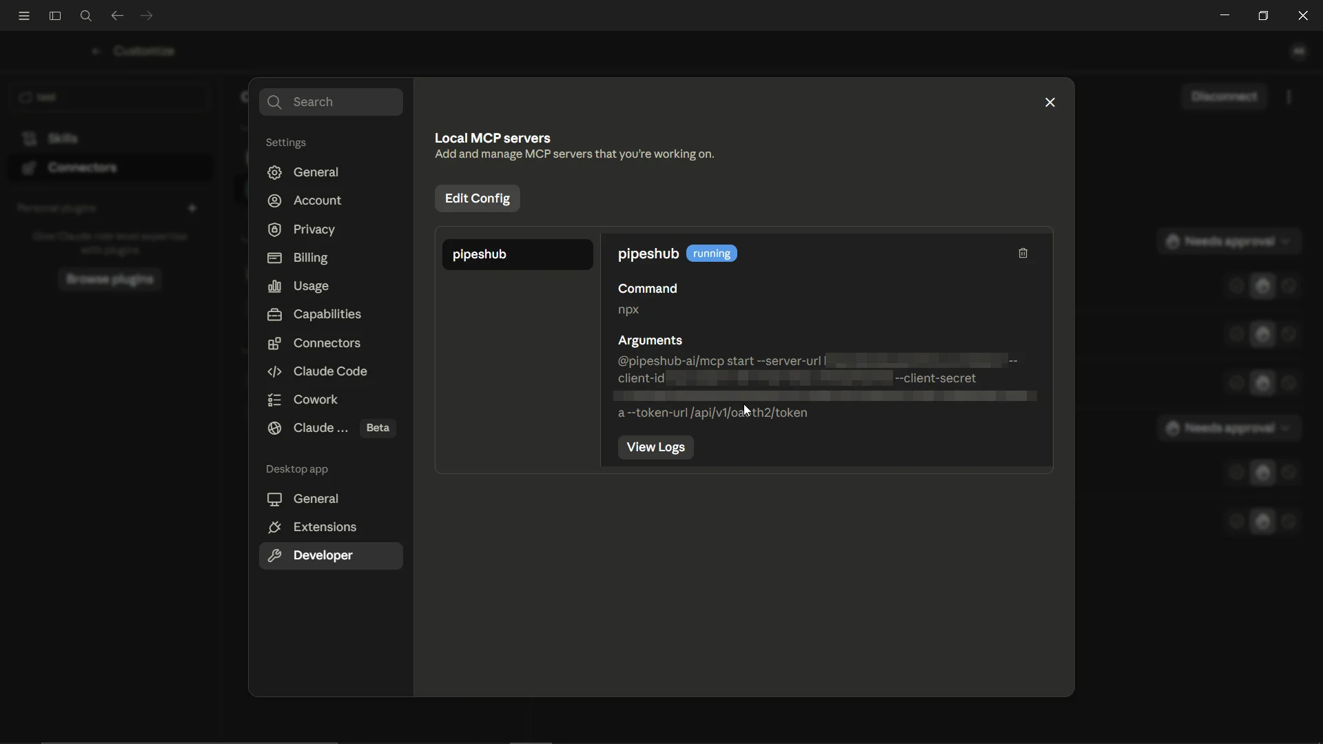 PipesHub MCP server showing under Local MCP servers