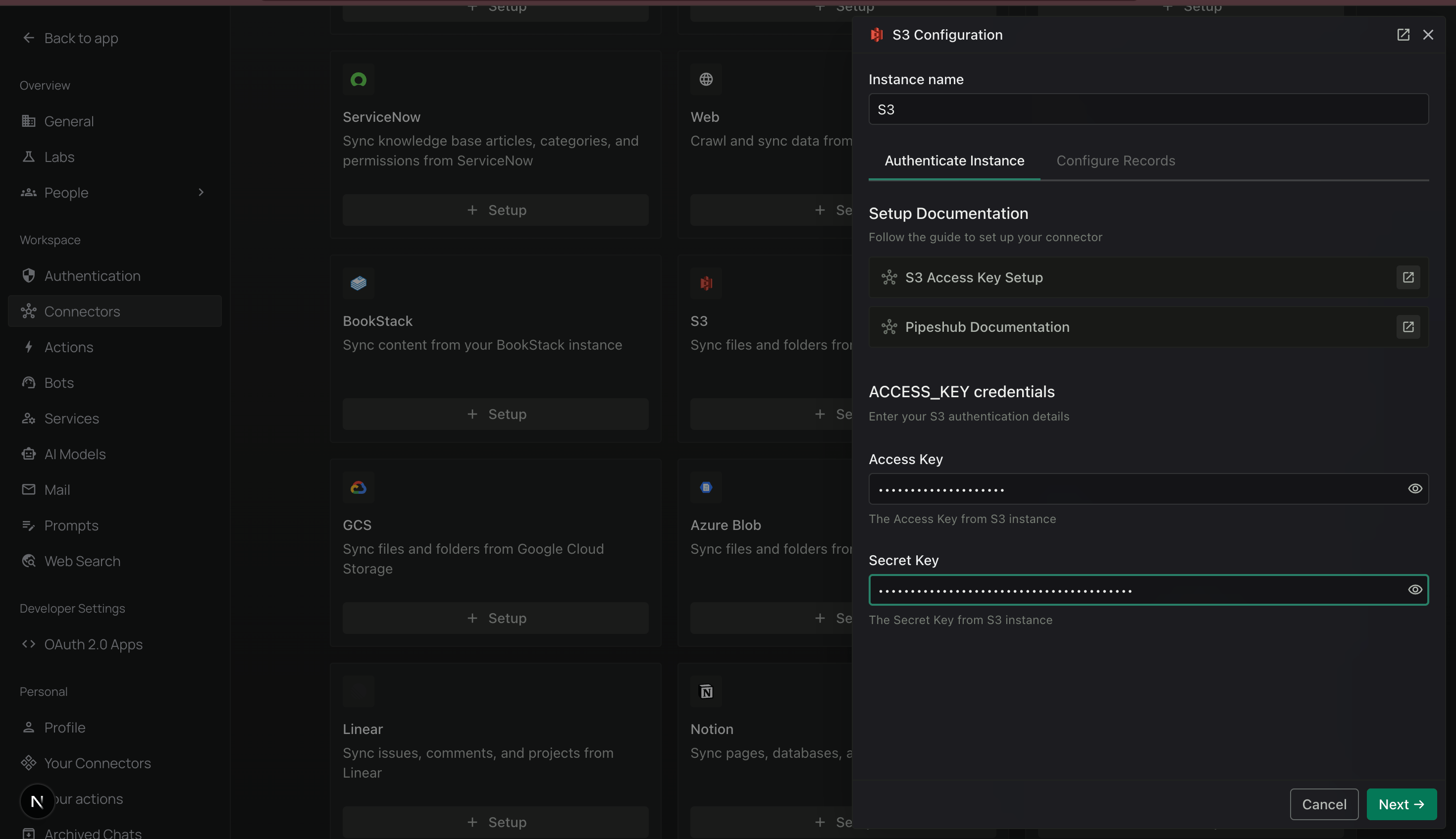 S3 Authenticate Instance tab in PipesHub
