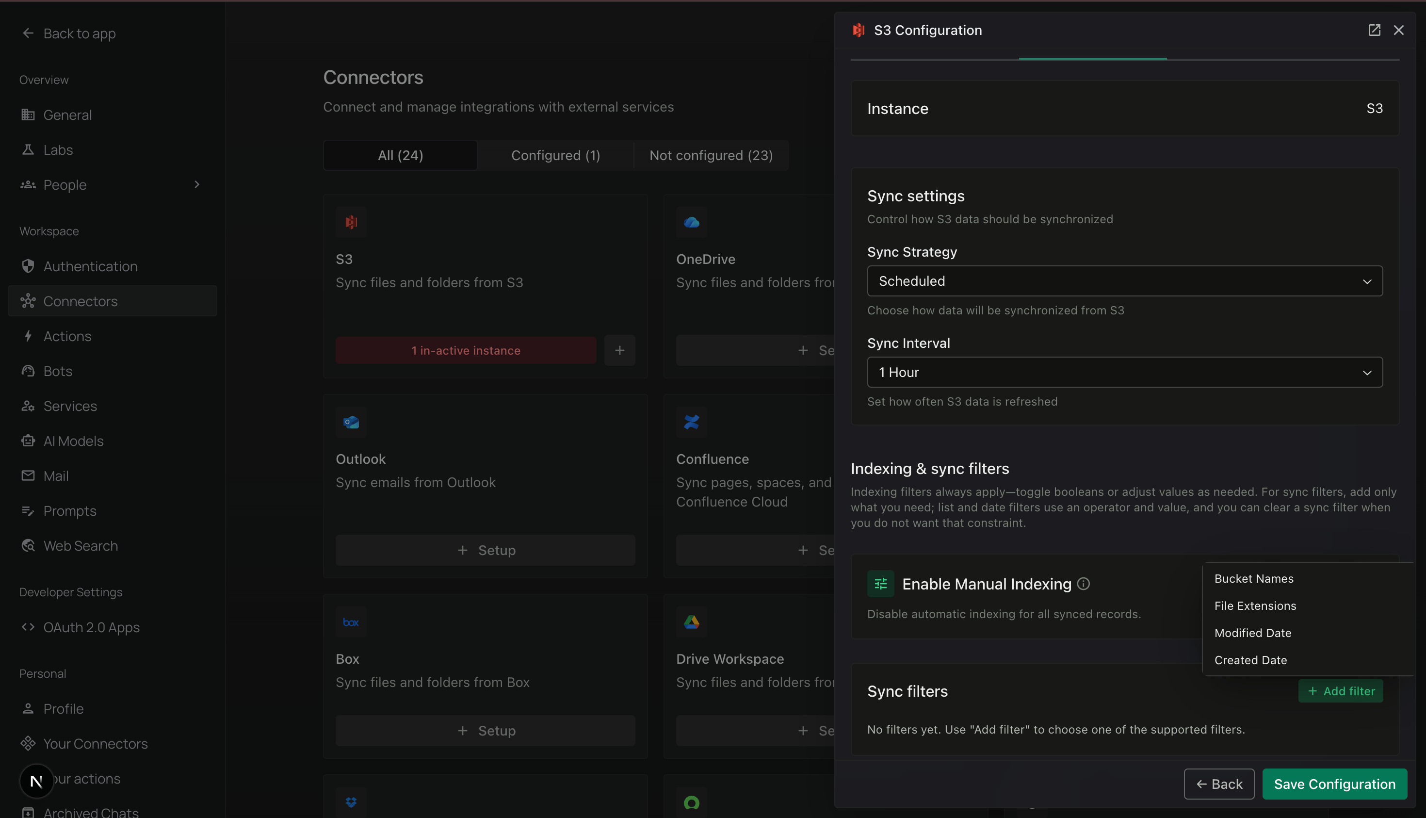 S3 Configure Records tab in PipesHub — sync settings and filters