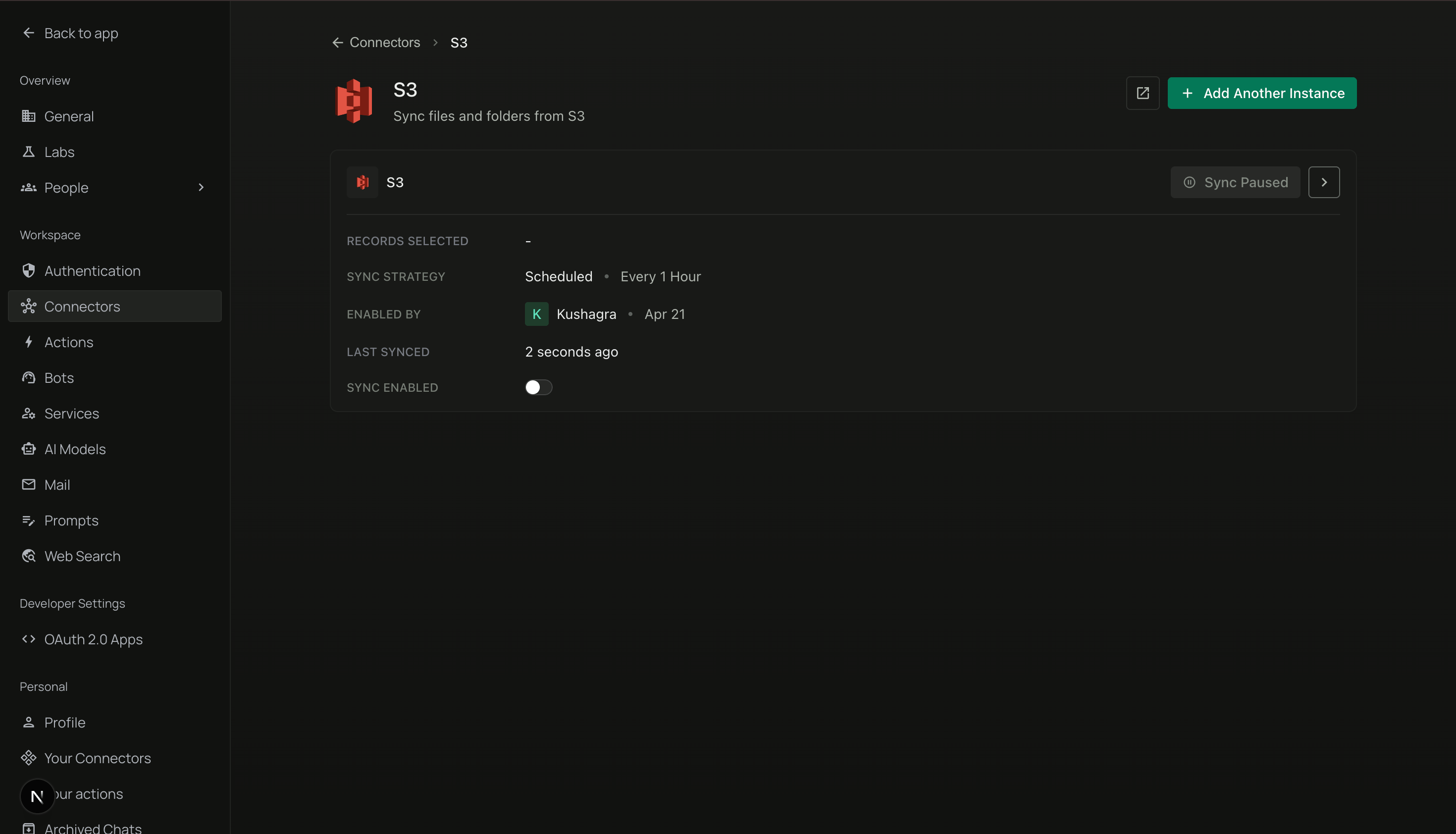 S3 instance card with Sync Paused and Sync Enabled toggle