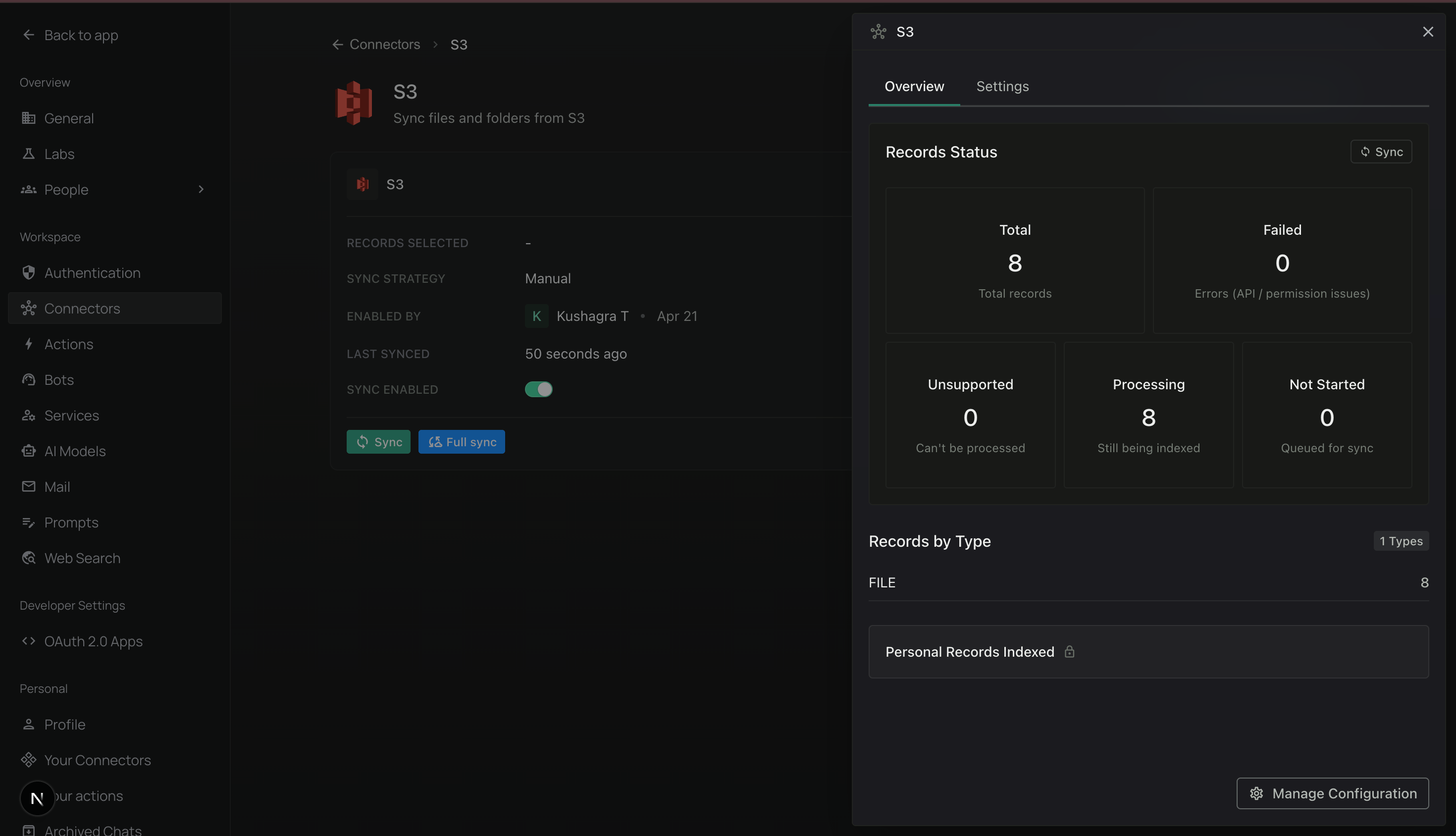 S3 instance Overview panel with Records Status and Records by Type