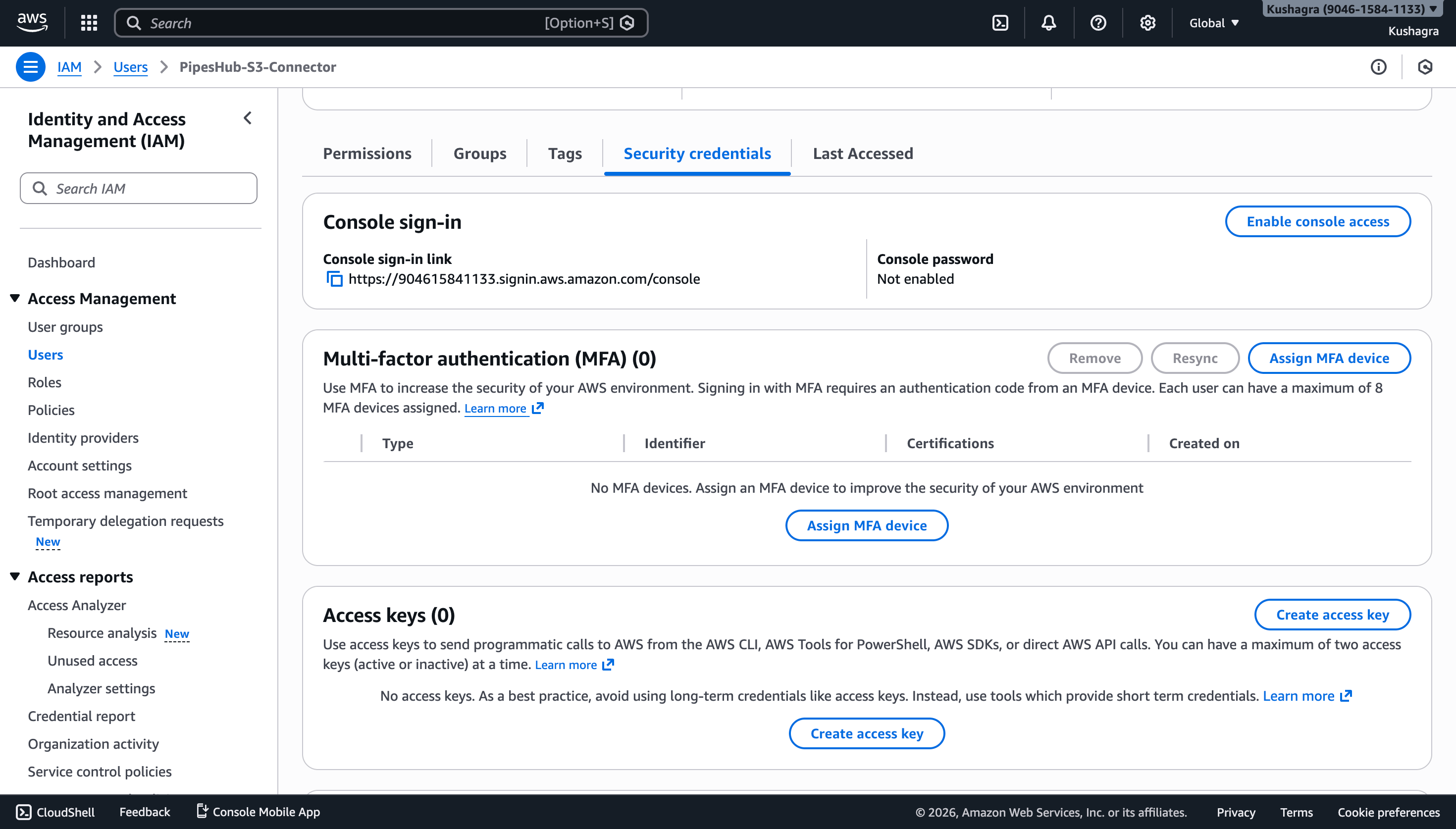 Security Credentials Tab