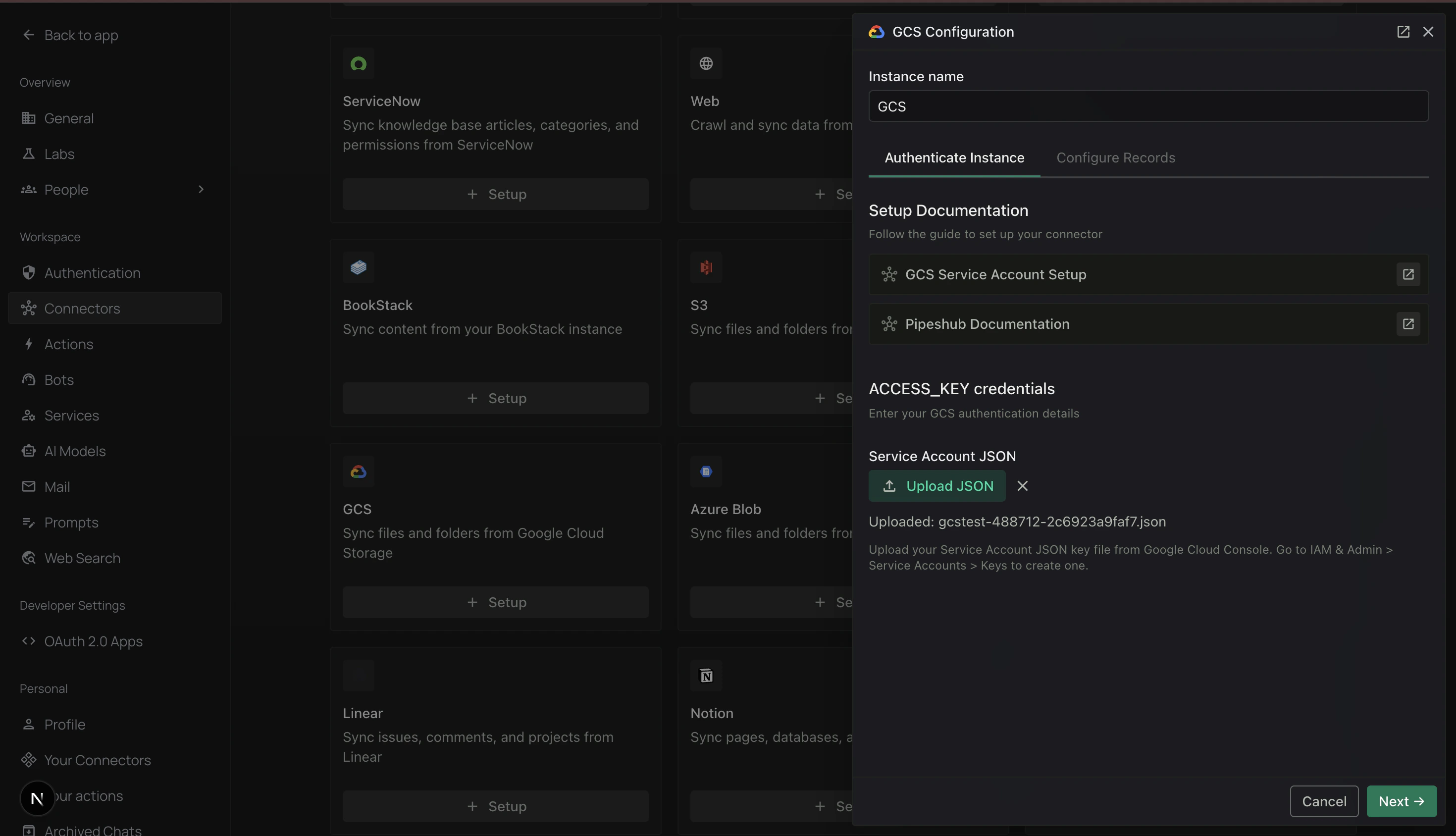 Authenticate Instance tab with the Service Account JSON uploaded