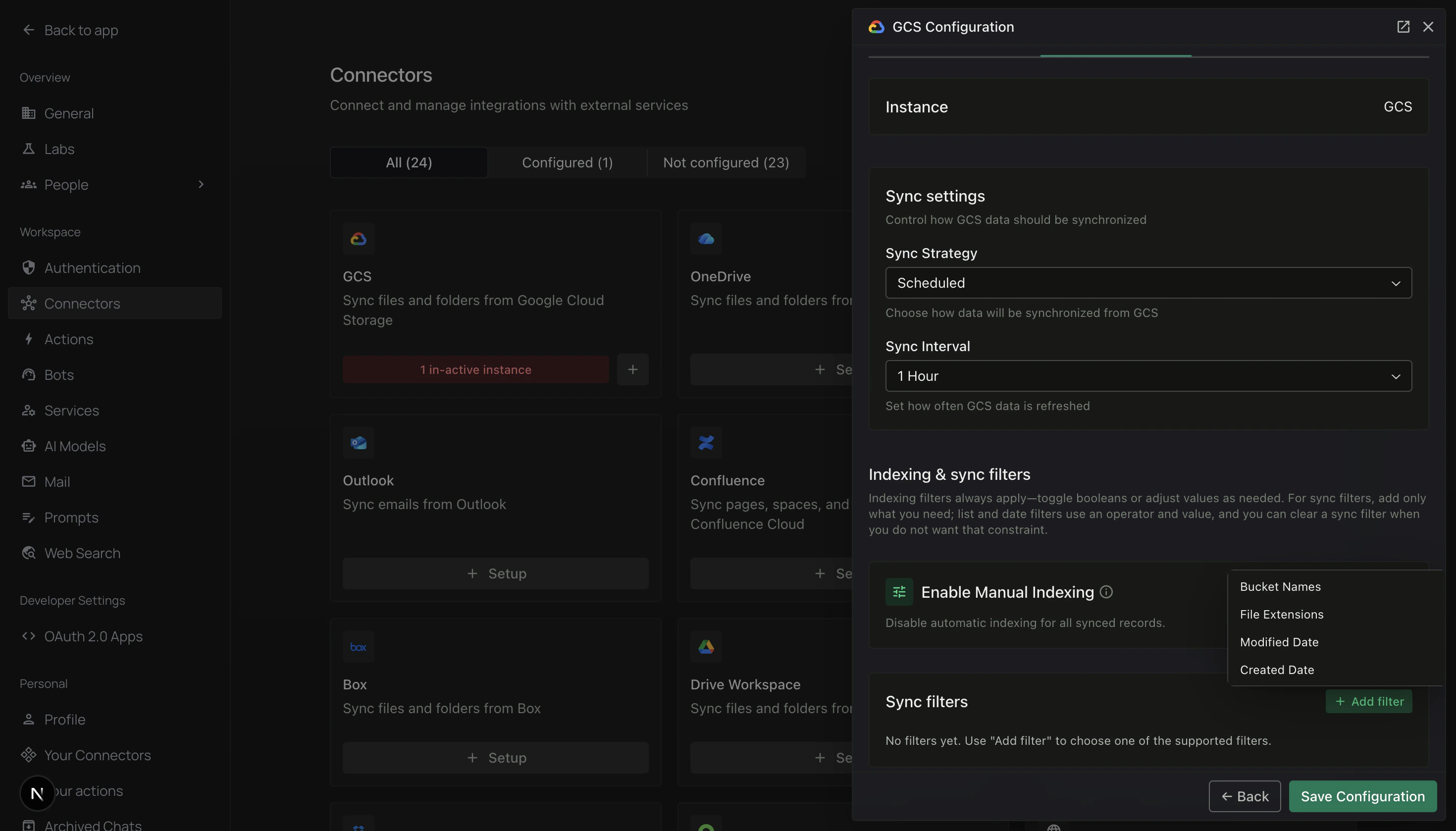 + Add filter dropdown with Bucket Names, File Extensions, Modified Date, Created Date