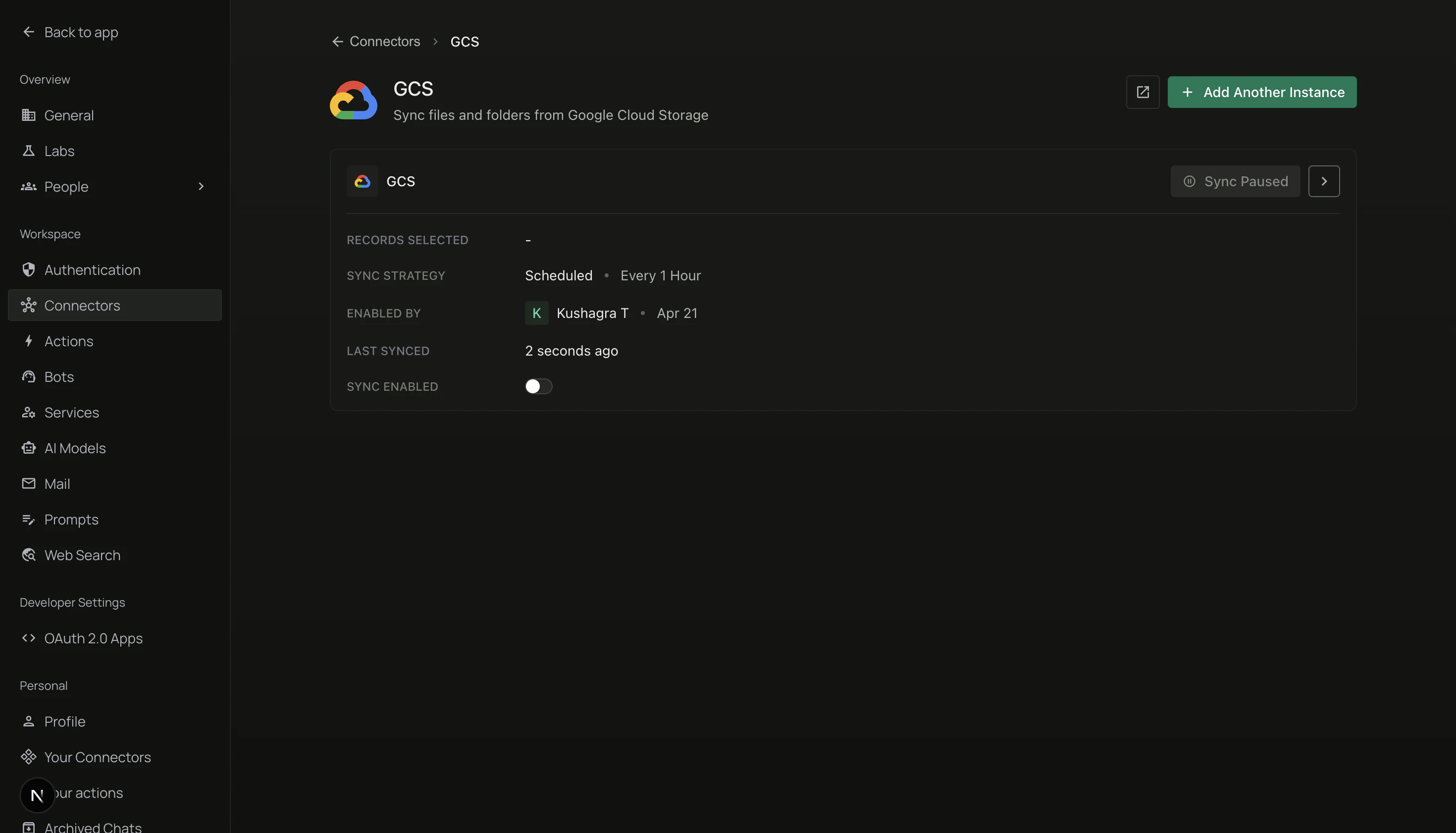 GCS instance card with the Sync Enabled toggle