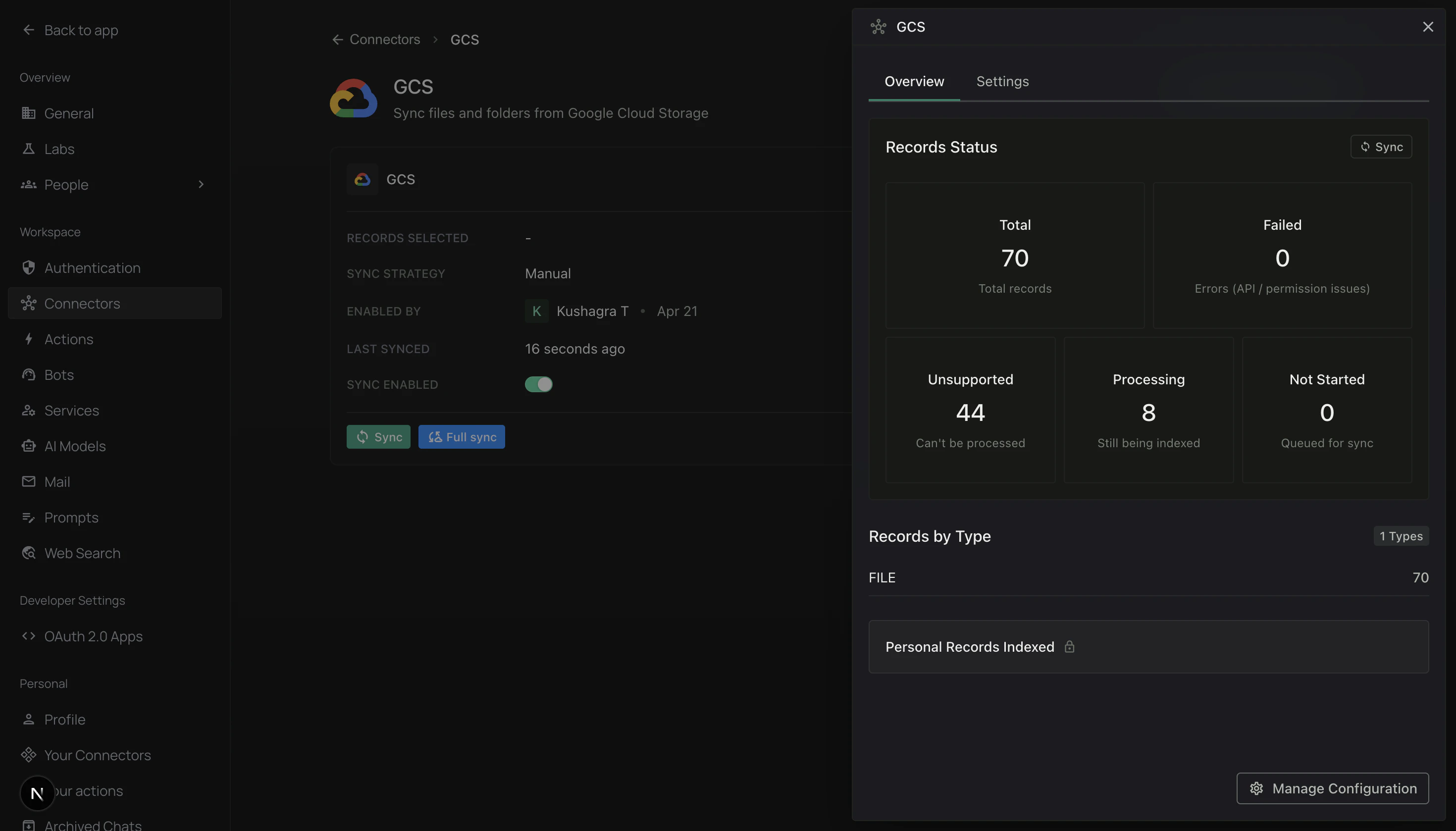 Overview panel with Records Status tiles and Records by Type