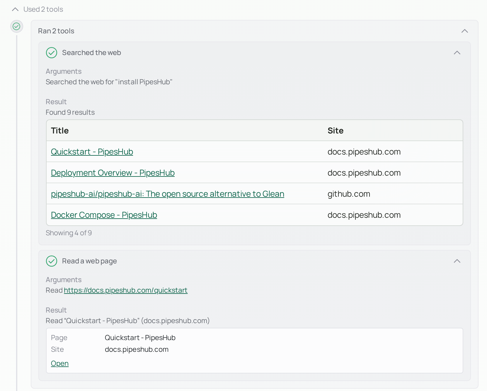 Chat reply steps: Searched the web with a table of linked results, and Read a web page naming Quickstart on docs.pipeshub.com