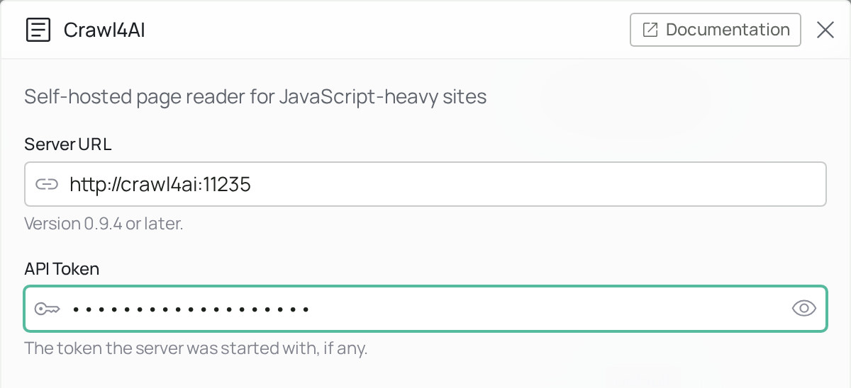 Crawl4AI configuration panel with Server URL and API Token fields