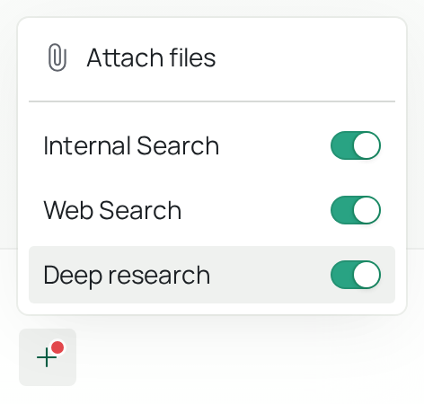 The + menu with Internal Search, Web Search and Deep research switches turned on