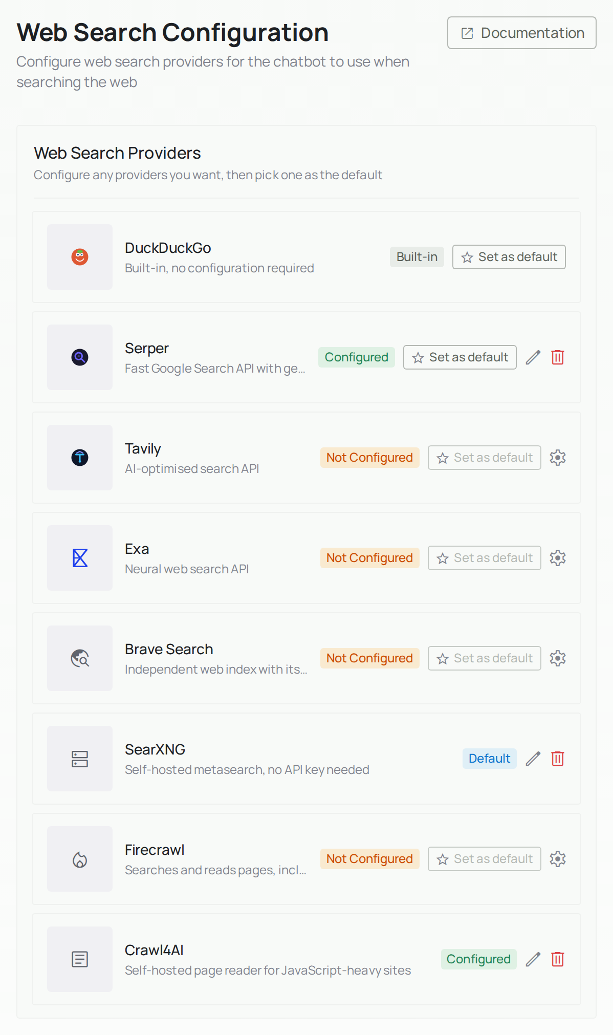Web Search Configuration page listing providers with their status and Set as default buttons