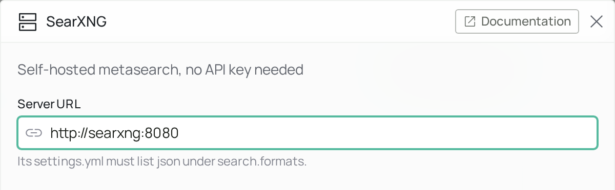 SearXNG configuration panel with a Server URL field