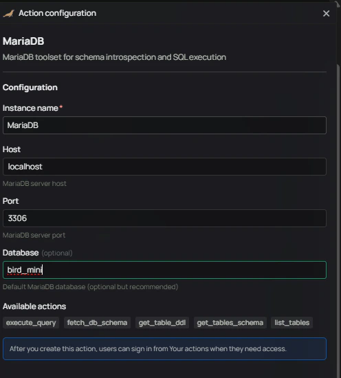 MariaDB action configuration form