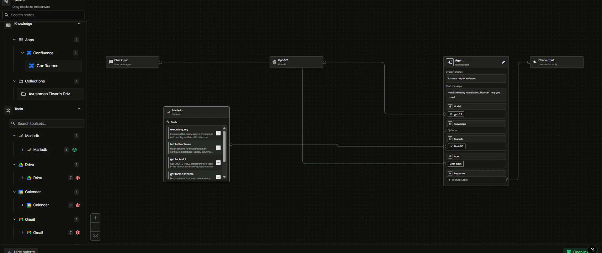 MariaDB toolset connected in Agent Builder