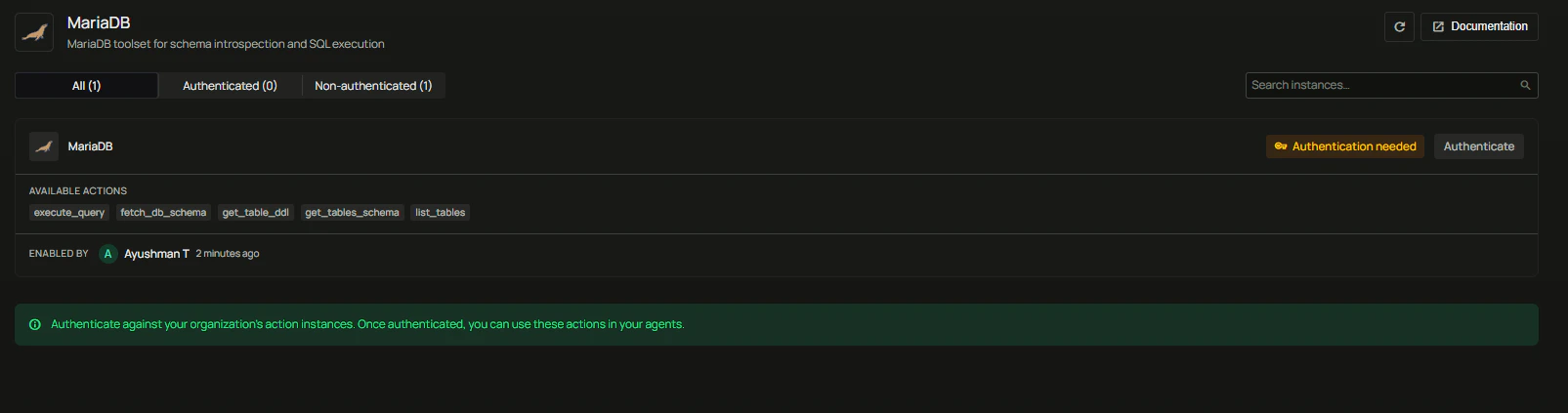 MariaDB toolset page showing authentication needed