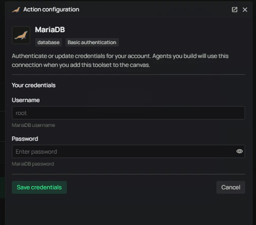 Enter MariaDB username and password