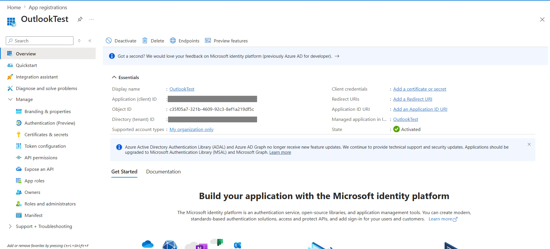App registration Overview with client and tenant IDs