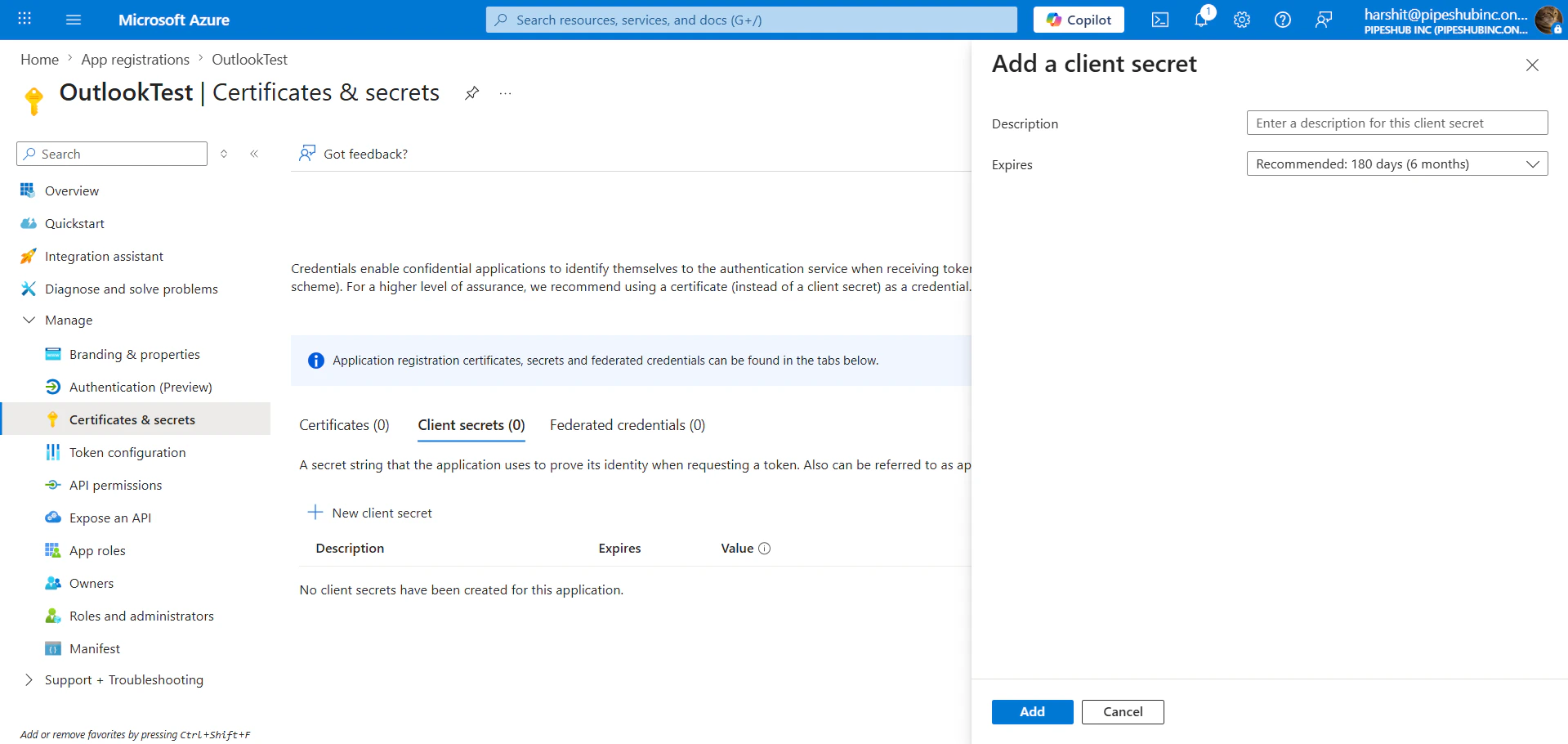 Certificates and secrets with new client secret