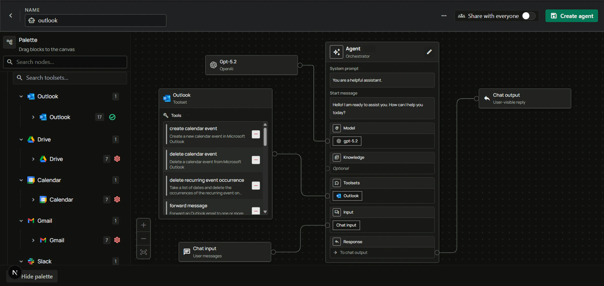 Agent builder with Outlook toolset connected