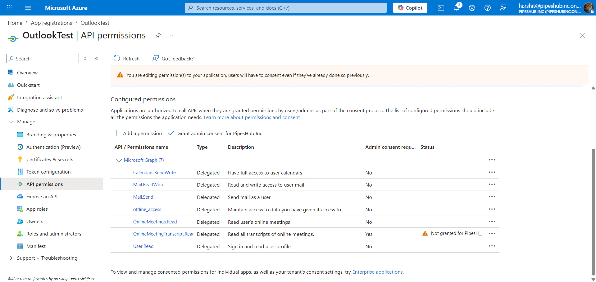 API permissions with Grant admin consent