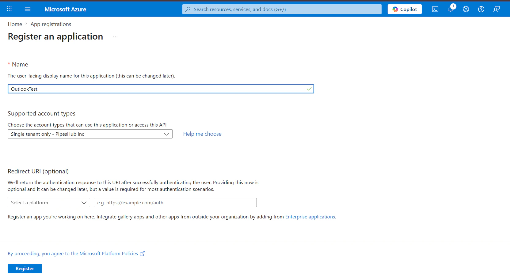 Register an application form in Azure