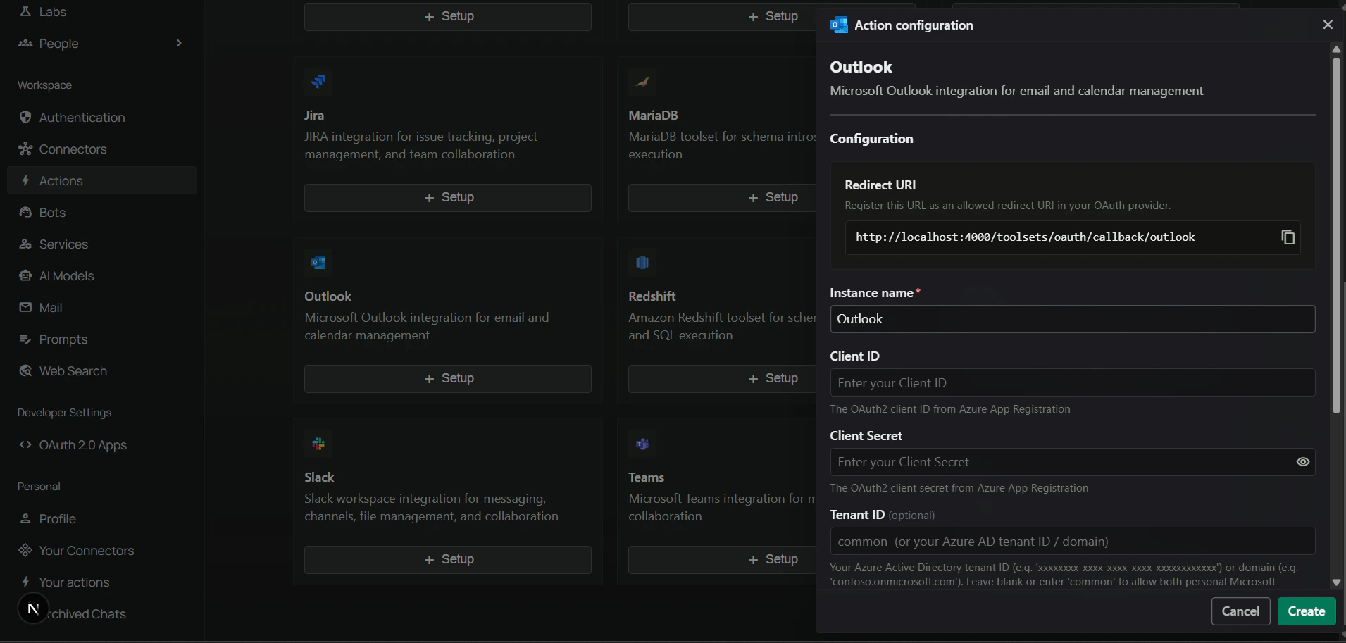 PipesHub Configure Outlook dialog showing Redirect URI