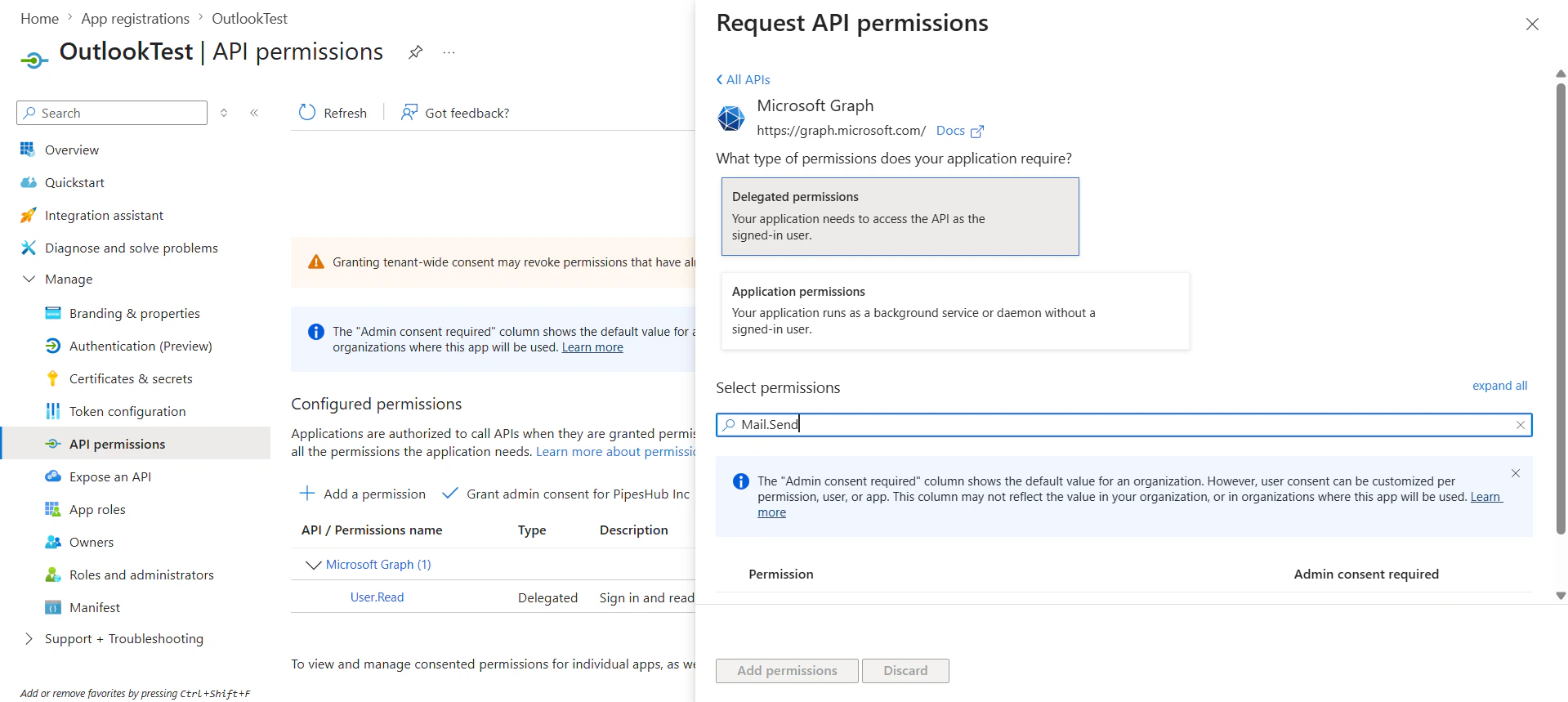 Add Microsoft Graph delegated permissions such as Mail.Send