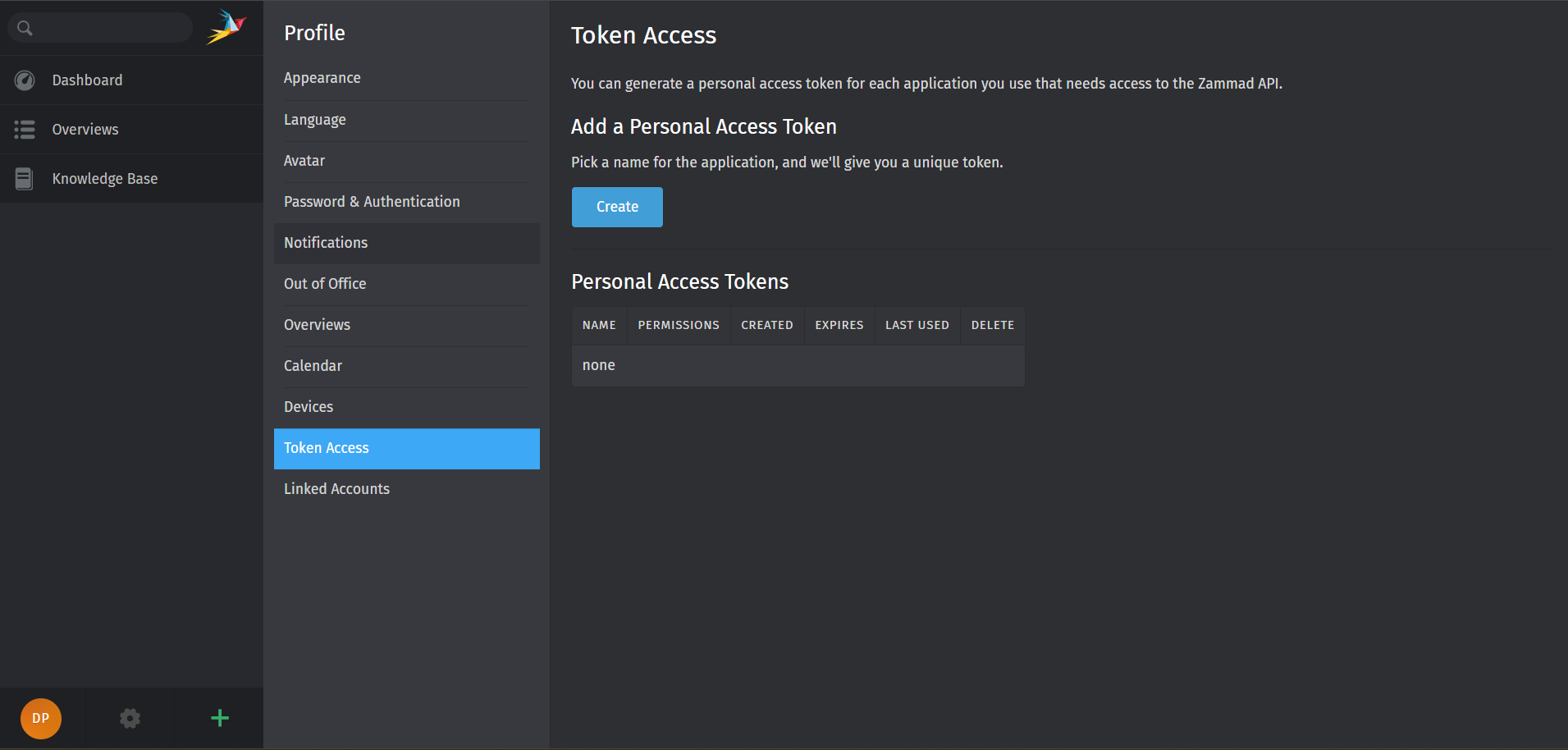 Zammad Token Access Tab