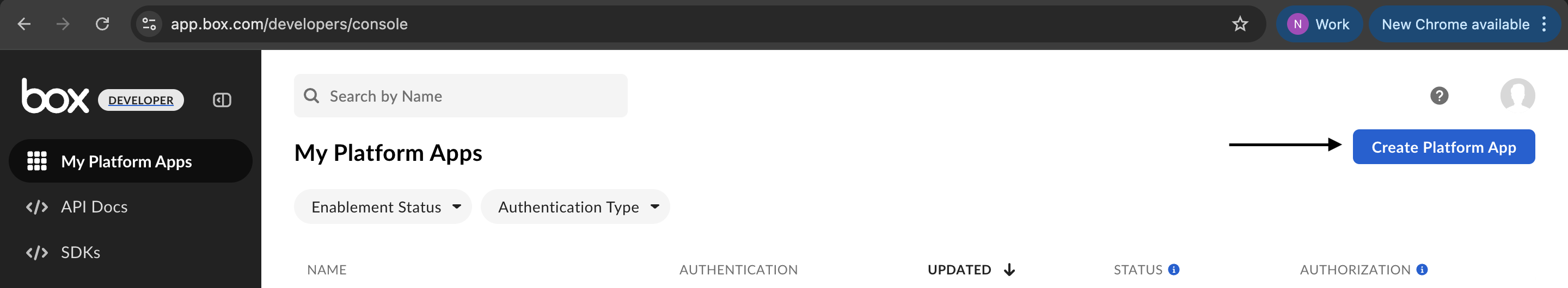 Box Create App Button