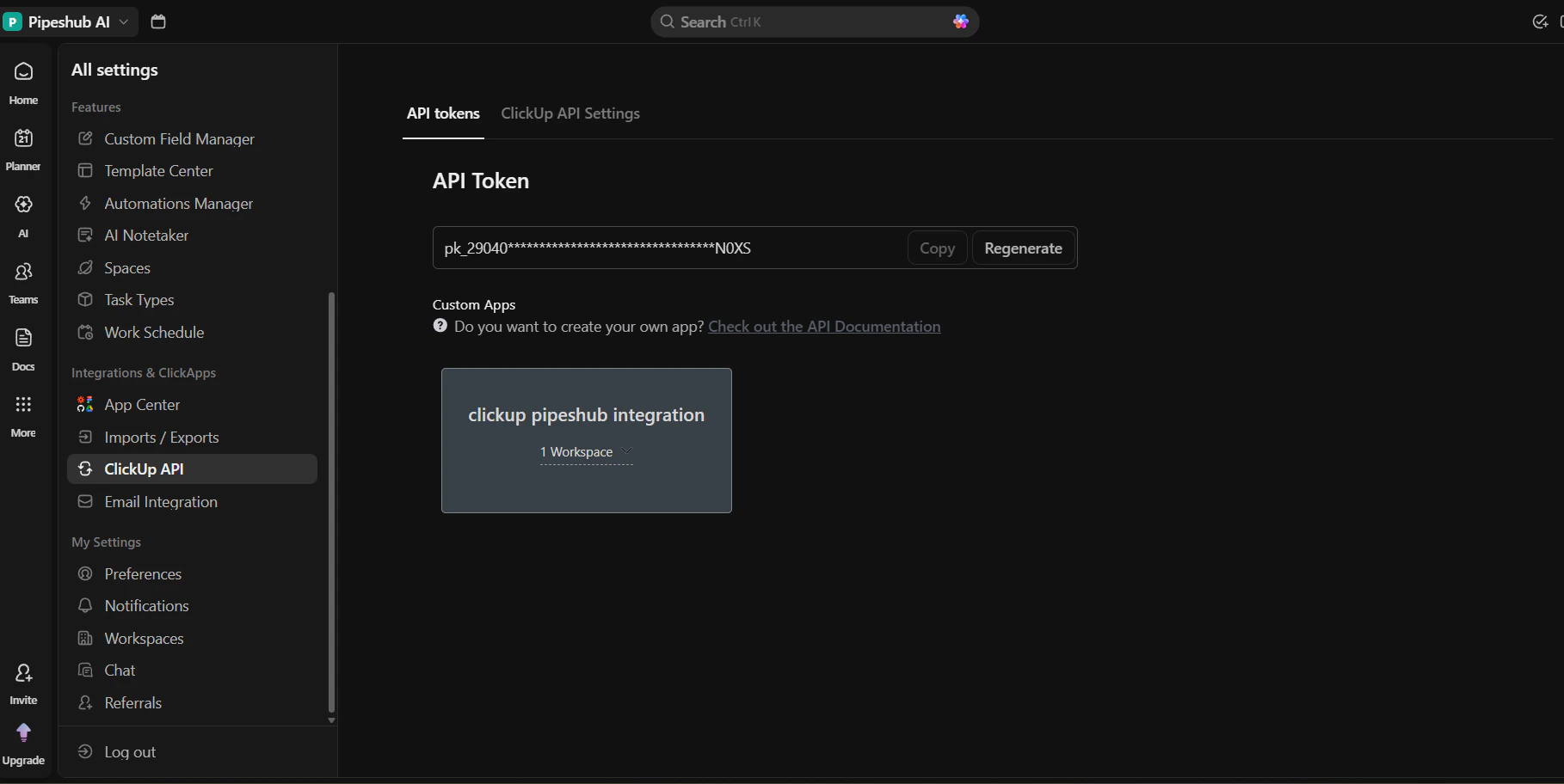 ClickUp API page with API Tokens and ClickUp API Settings tabs