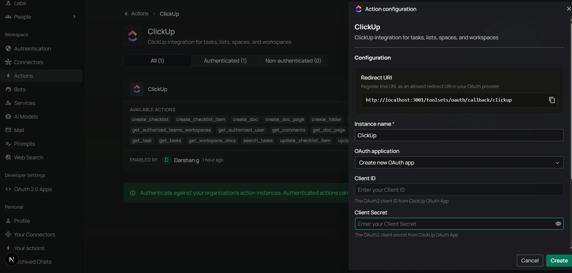 PipesHub Configure ClickUp dialog showing Redirect URI